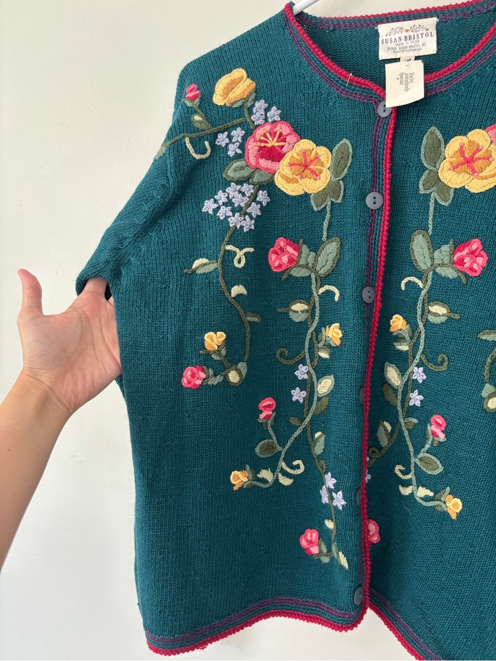Vintage Cottagecore Teal Floral Knitted Embroidery Fairy Garden Granny Cardigan - Picture 3 of 9